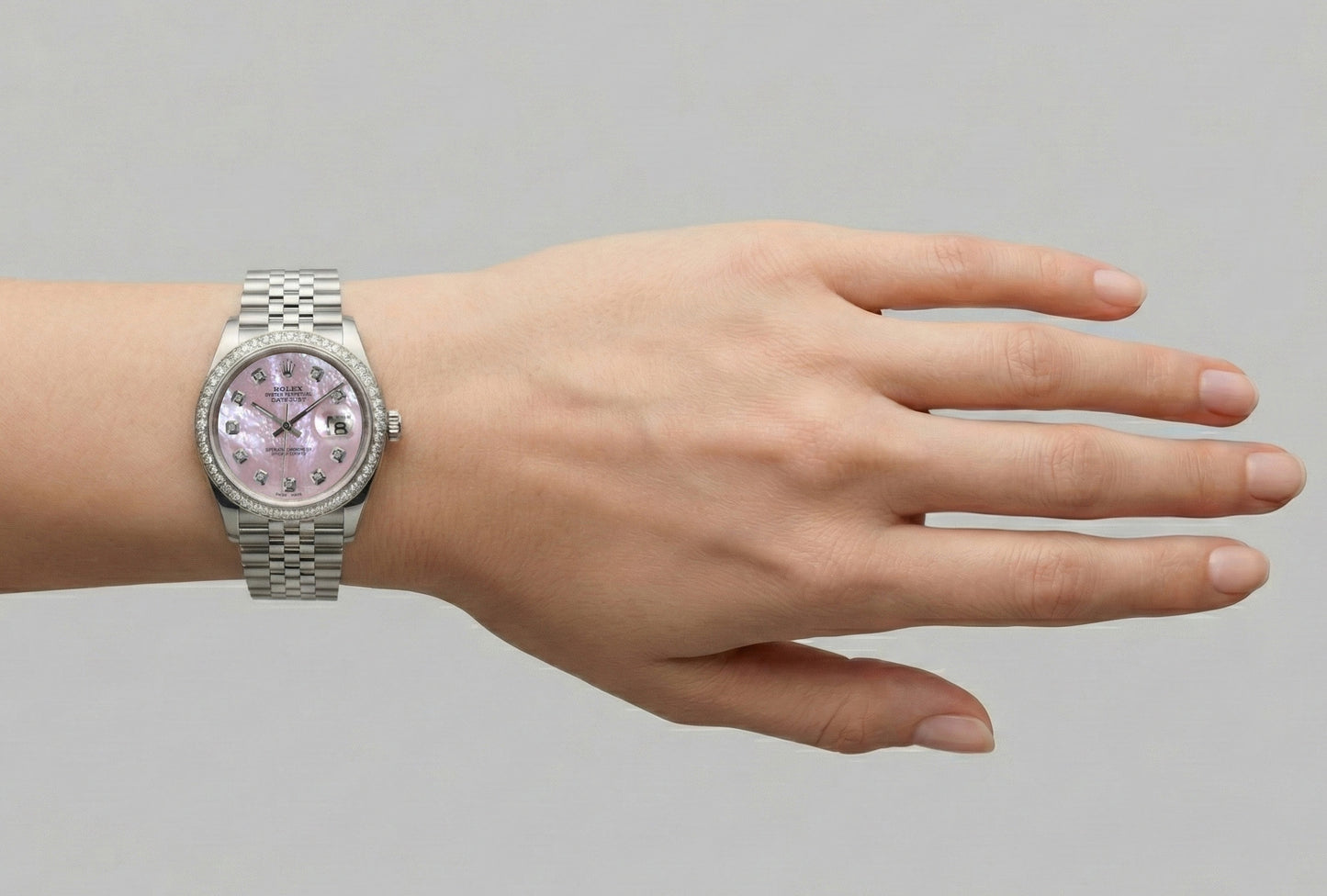 Orologio Rolex Datejust 36 mm in acciaio inossidabile con quadrante in madreperla rosa e diamanti