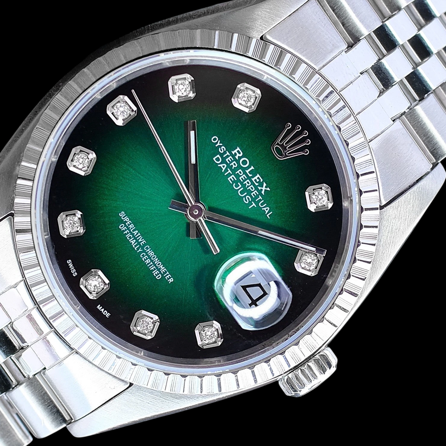 Orologio Rolex Datejust 36 mm in acciaio inossidabile con quadrante verde con diamanti