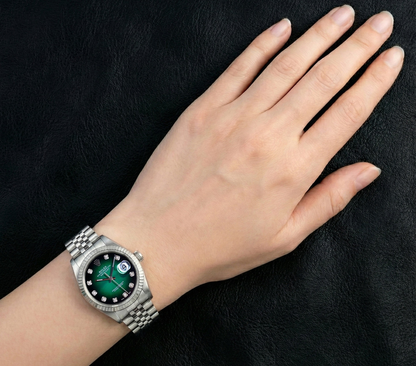 Orologio Rolex Datejust 36 mm in acciaio inossidabile con quadrante verde con diamanti