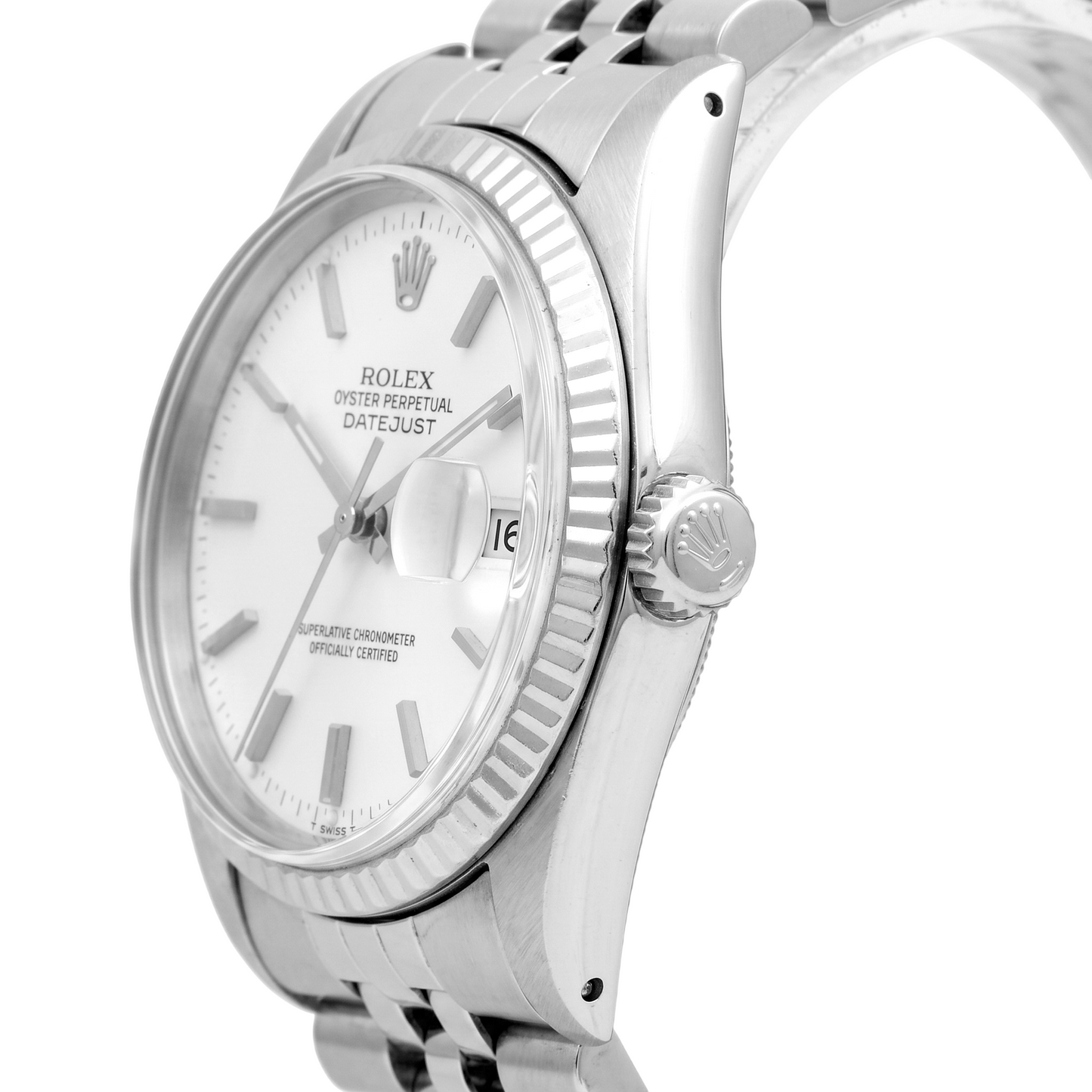 Orologio Rolex Datejust da uomo con quadrante argentato e lunetta scanalata, bracciale in acciaio inossidabile