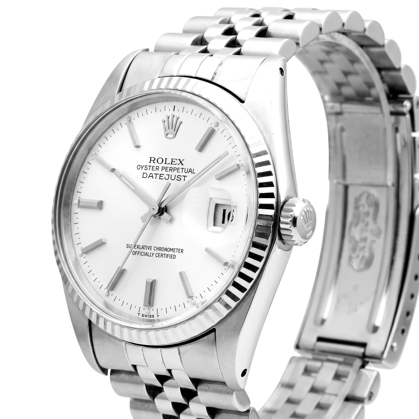 Orologio Rolex Datejust da uomo con quadrante argentato e lunetta scanalata, bracciale in acciaio inossidabile
