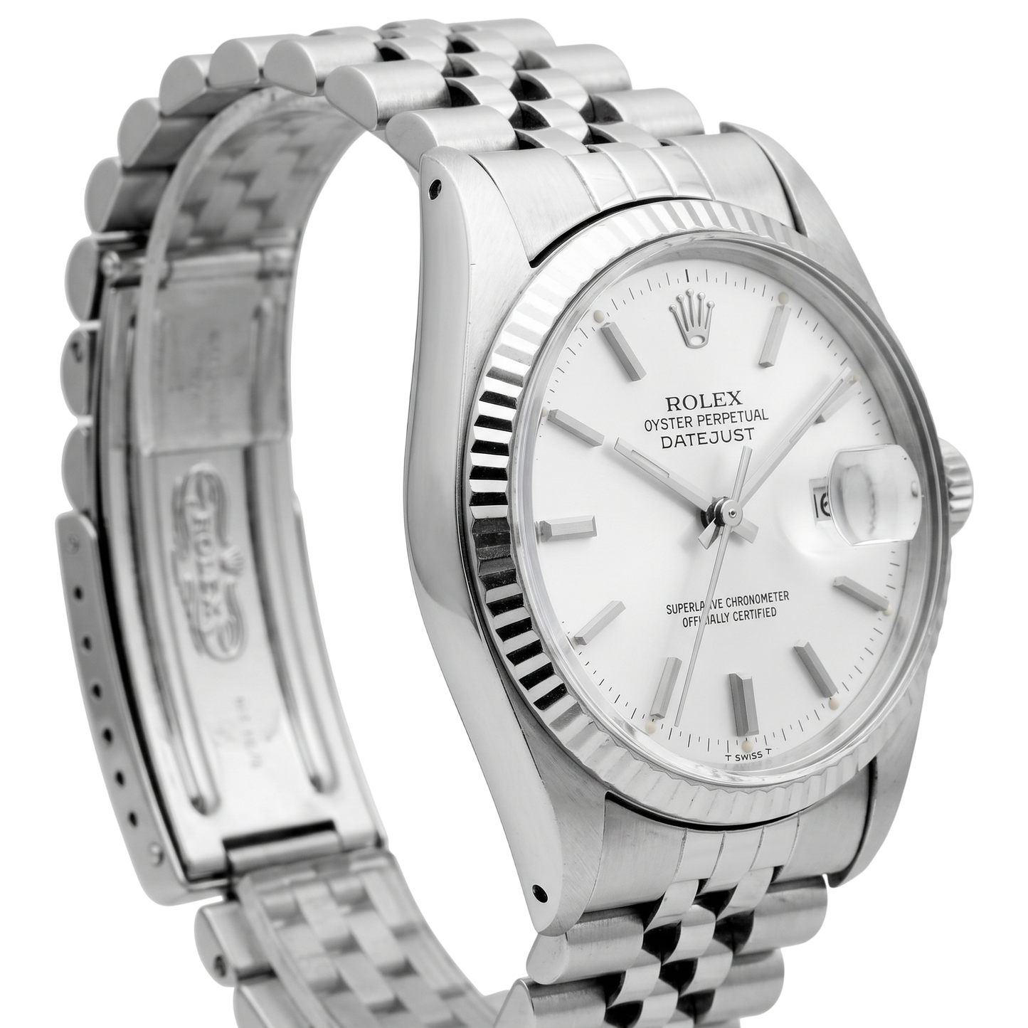 Orologio Rolex Datejust da uomo con quadrante argentato e lunetta scanalata, bracciale in acciaio inossidabile