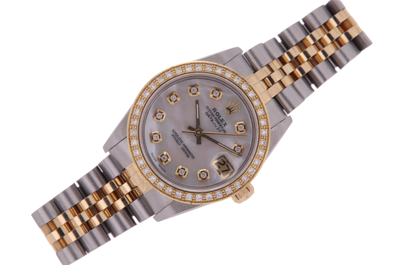 Orologio Rolex Datejust di medie dimensioni 31 mm bianco madreperla quadrante diamanti lunetta diamanti bracciale giubileo acciaio inossidabile e oro