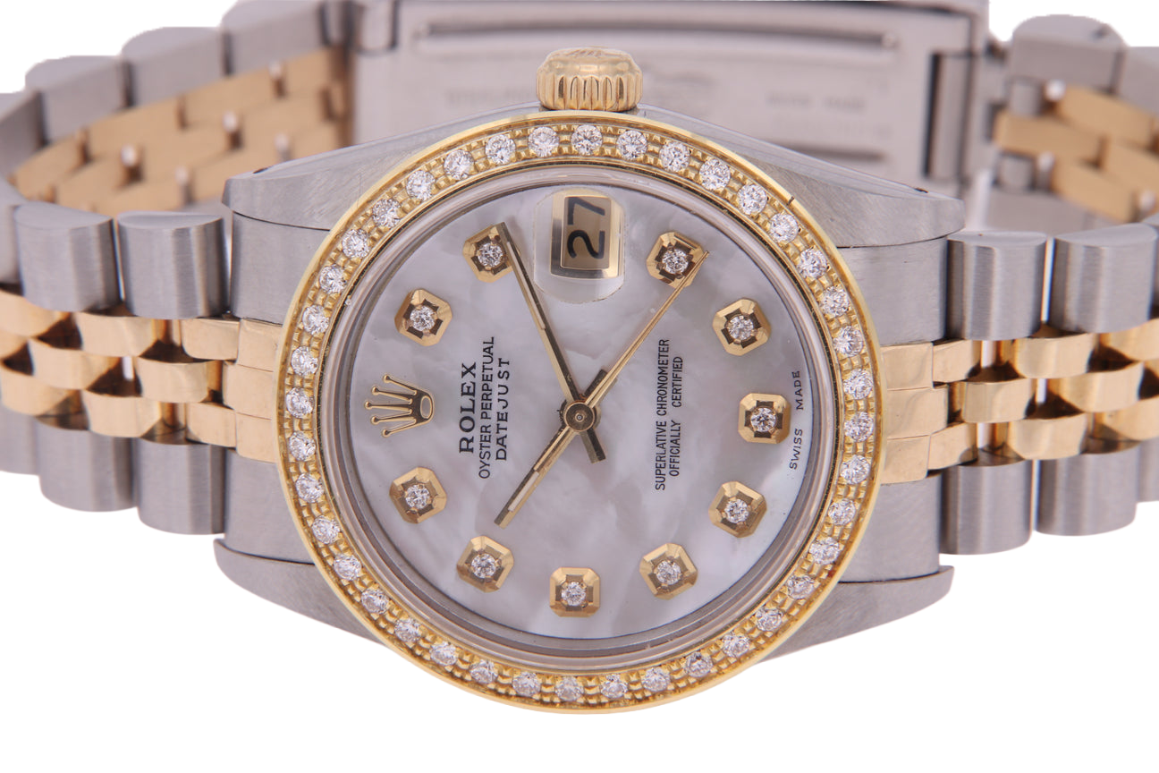 Orologio Rolex Datejust di medie dimensioni 31 mm bianco madreperla quadrante diamanti lunetta diamanti bracciale giubileo acciaio inossidabile e oro