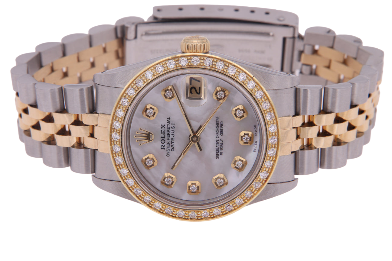 Orologio Rolex Datejust di medie dimensioni 31 mm bianco madreperla quadrante diamanti lunetta diamanti bracciale giubileo acciaio inossidabile e oro