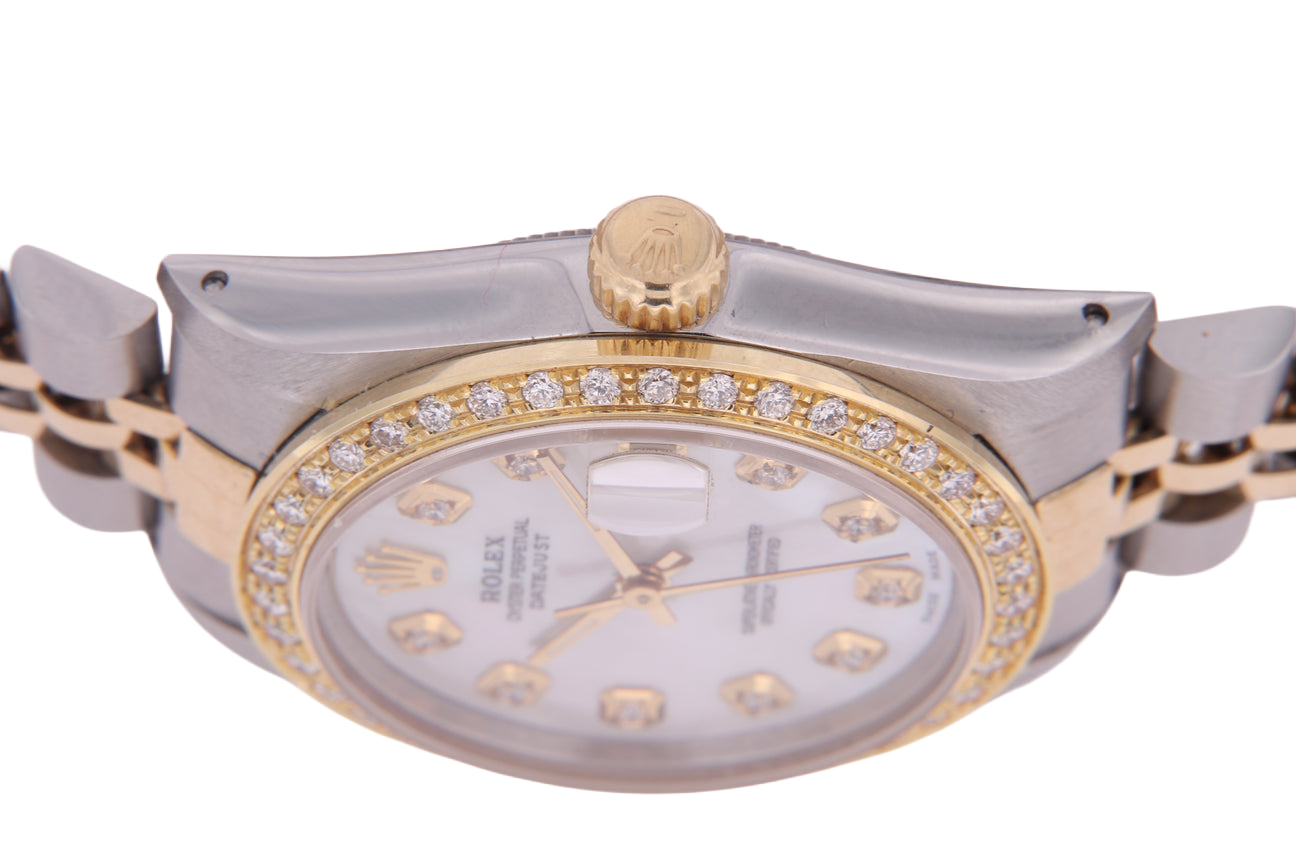 Orologio Rolex Datejust di medie dimensioni 31 mm bianco madreperla quadrante diamanti lunetta diamanti bracciale giubileo acciaio inossidabile e oro