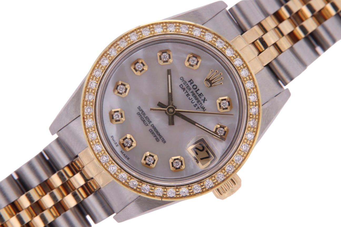 Orologio Rolex Datejust di medie dimensioni 31 mm bianco madreperla quadrante diamanti lunetta diamanti bracciale giubileo acciaio inossidabile e oro