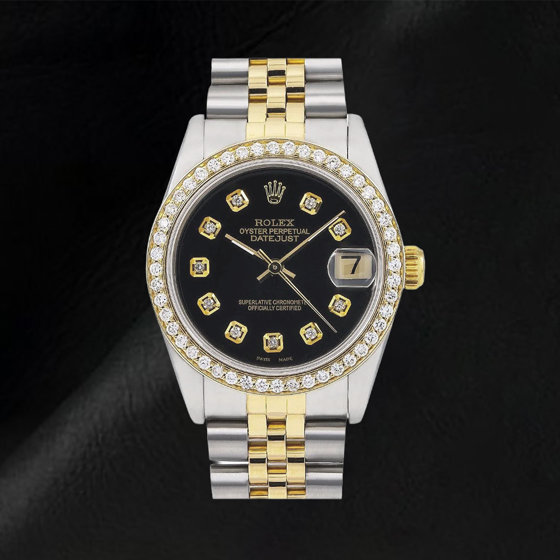 Orologio Rolex Datejust di medie dimensioni con diamanti Quadrante nero con diamanti di medie dimensioni