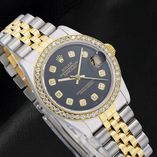 Orologio Rolex Datejust di medie dimensioni con diamanti Quadrante nero con diamanti di medie dimensioni