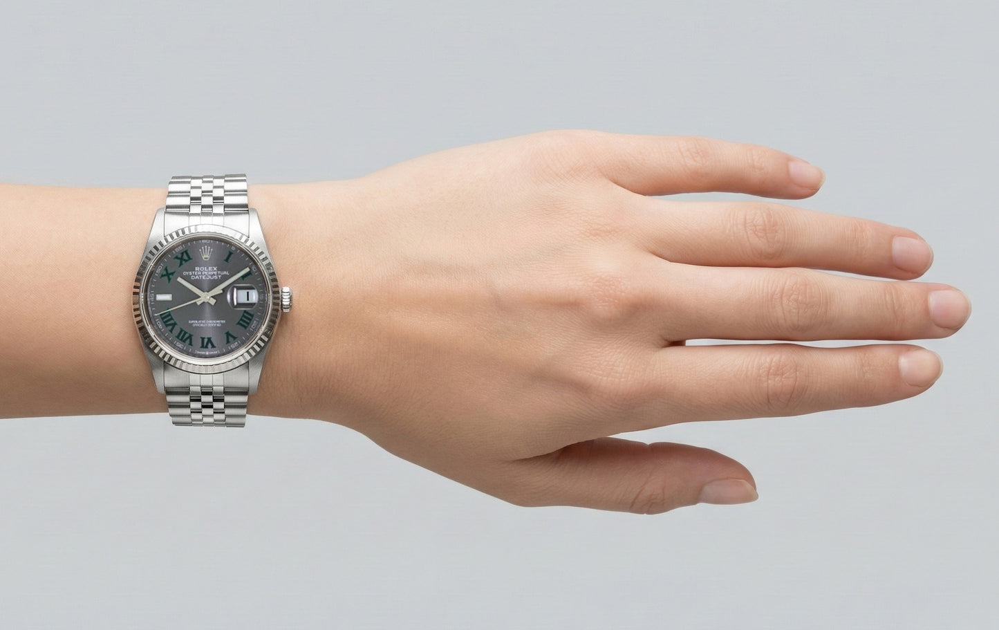 Orologio Rolex Datejust grigio Wimbledon Roman Dial 36mm in acciaio inossidabile