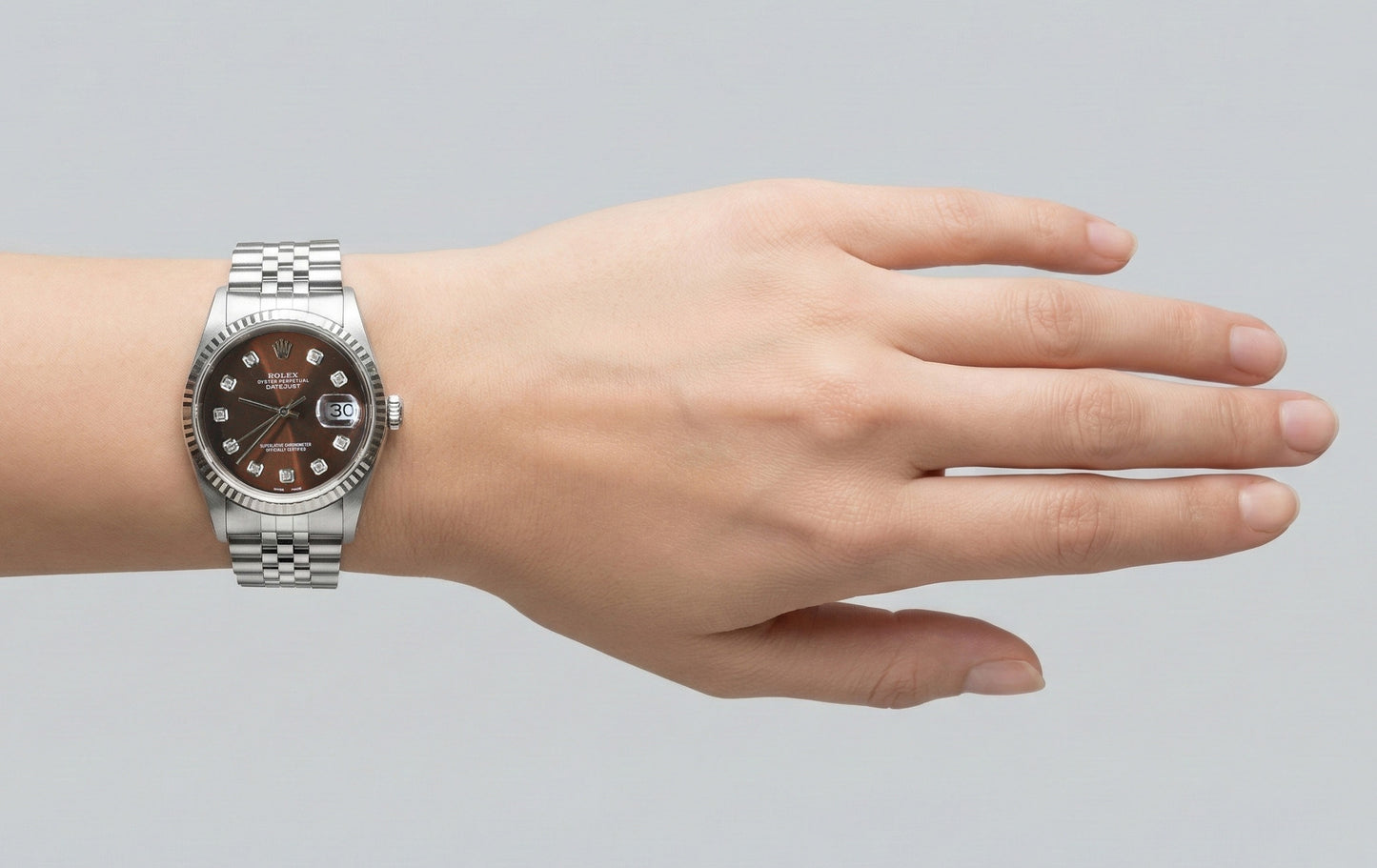 Orologio Rolex Datejust in acciaio inossidabile con quadrante color cioccolato e diamanti