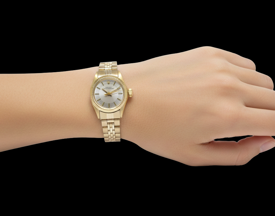 Orologio Rolex Oyster Perpetual 24 mm quadrante argento Stick in oro giallo