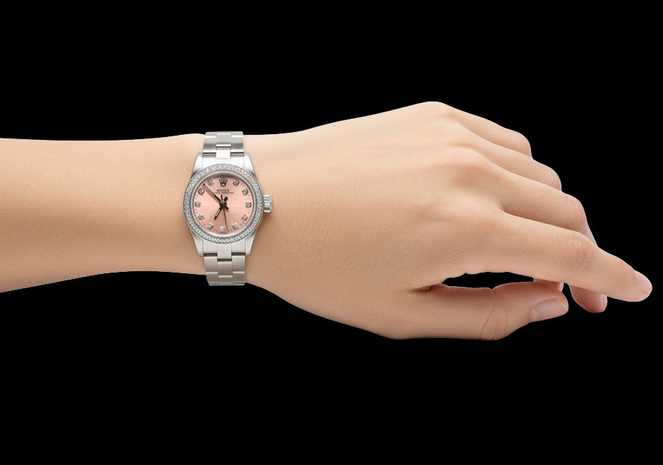 Orologio Rolex Oyster Perpetual con quadrante rosa e diamanti, 24 mm, in acciaio inossidabile
