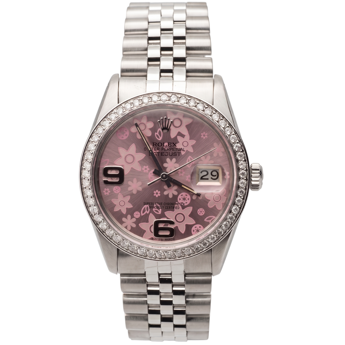 Orologio Rolex con quadrante a fiori rosa in acciaio inossidabile giubileo con diamanti Rolex Date Just IMPOSTAZIONE RAPIDA