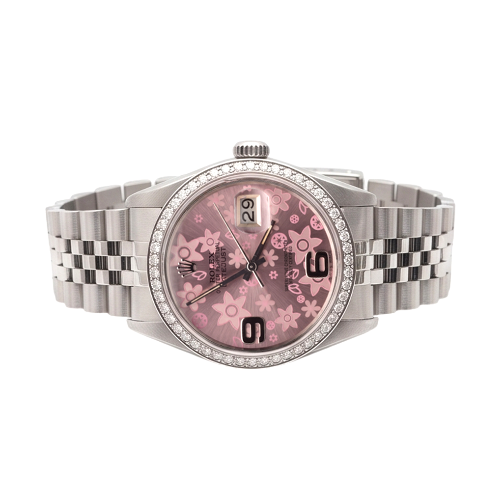 Orologio Rolex con quadrante a fiori rosa in acciaio inossidabile giubileo con diamanti Rolex Date Just IMPOSTAZIONE RAPIDA