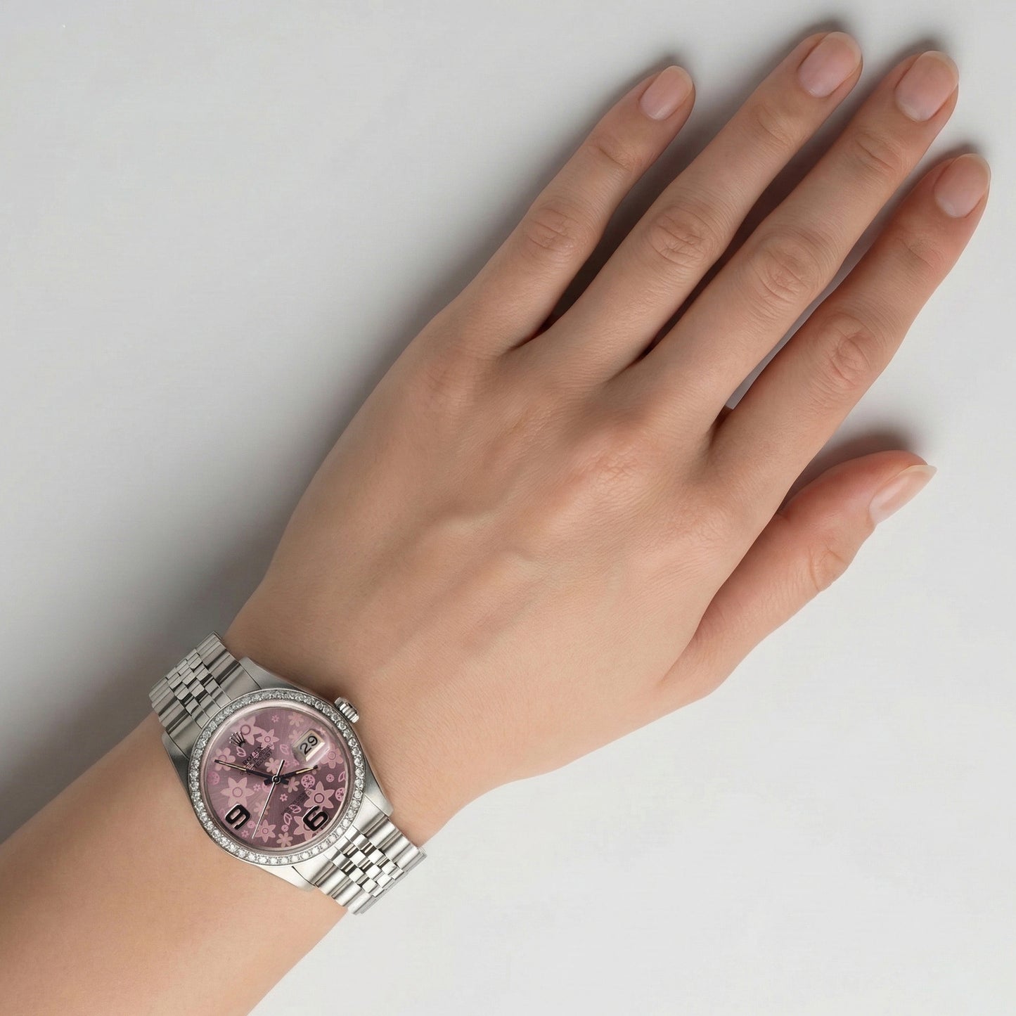 Orologio Rolex con quadrante a fiori rosa in acciaio inossidabile giubileo con diamanti Rolex Date Just IMPOSTAZIONE RAPIDA