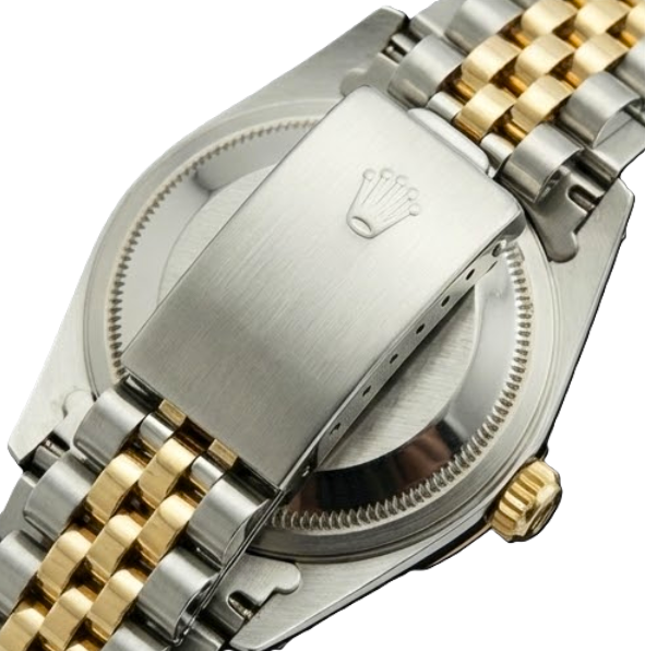 Orologio con bracciale giubileo in acciaio inossidabile e oro, quadrante bianco con numeri romani, lunetta scanalata