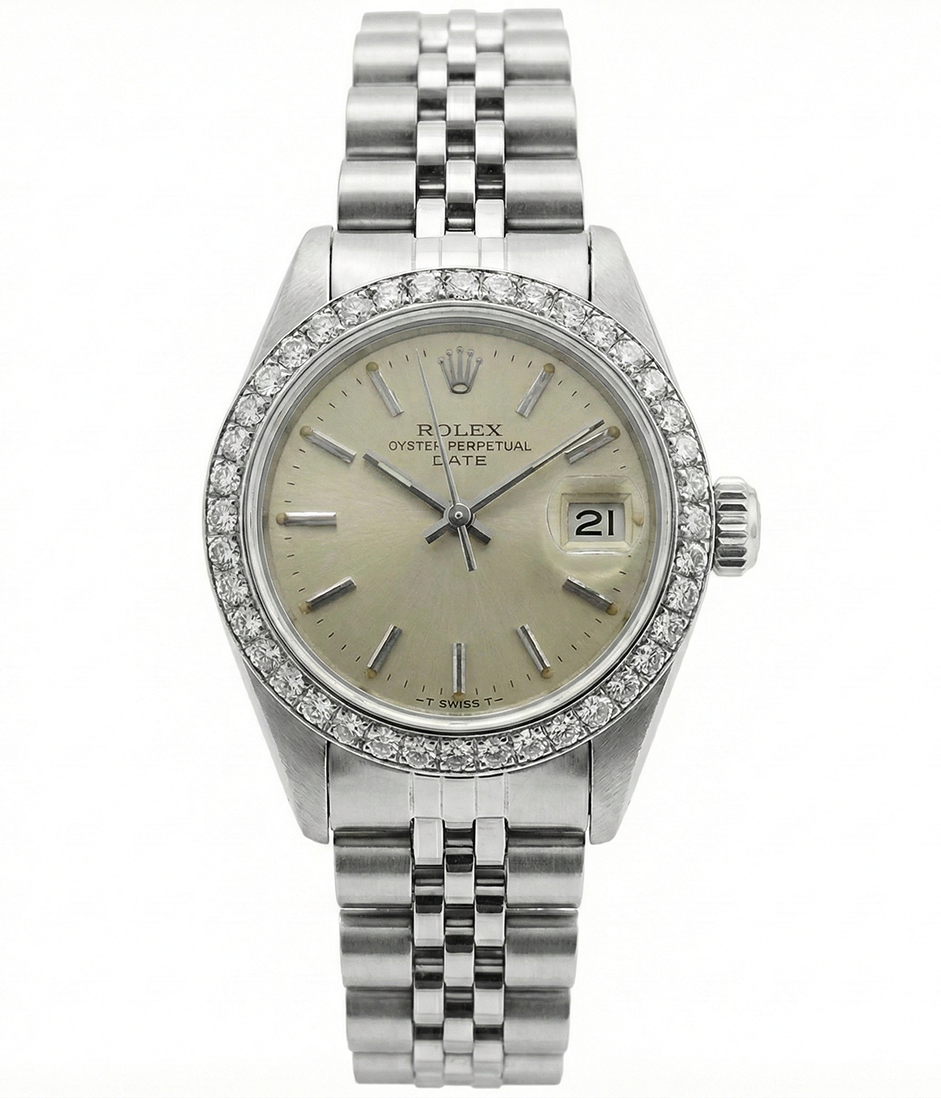 Orologio con datario e quadrante grigio con lunetta in diamanti, orologio Giubileo in acciaio inossidabile