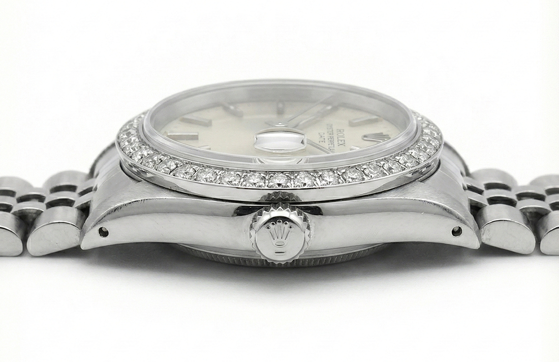 Orologio con datario e quadrante grigio con lunetta in diamanti, orologio Giubileo in acciaio inossidabile