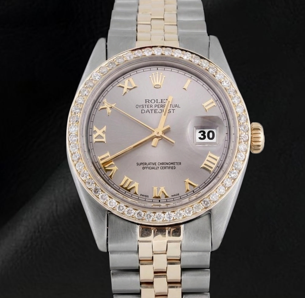 Orologio da uomo Datejust con quadrante grigio romano e lunetta con diamanti, bicolore Rolex IMPOSTAZIONE RAPIDA