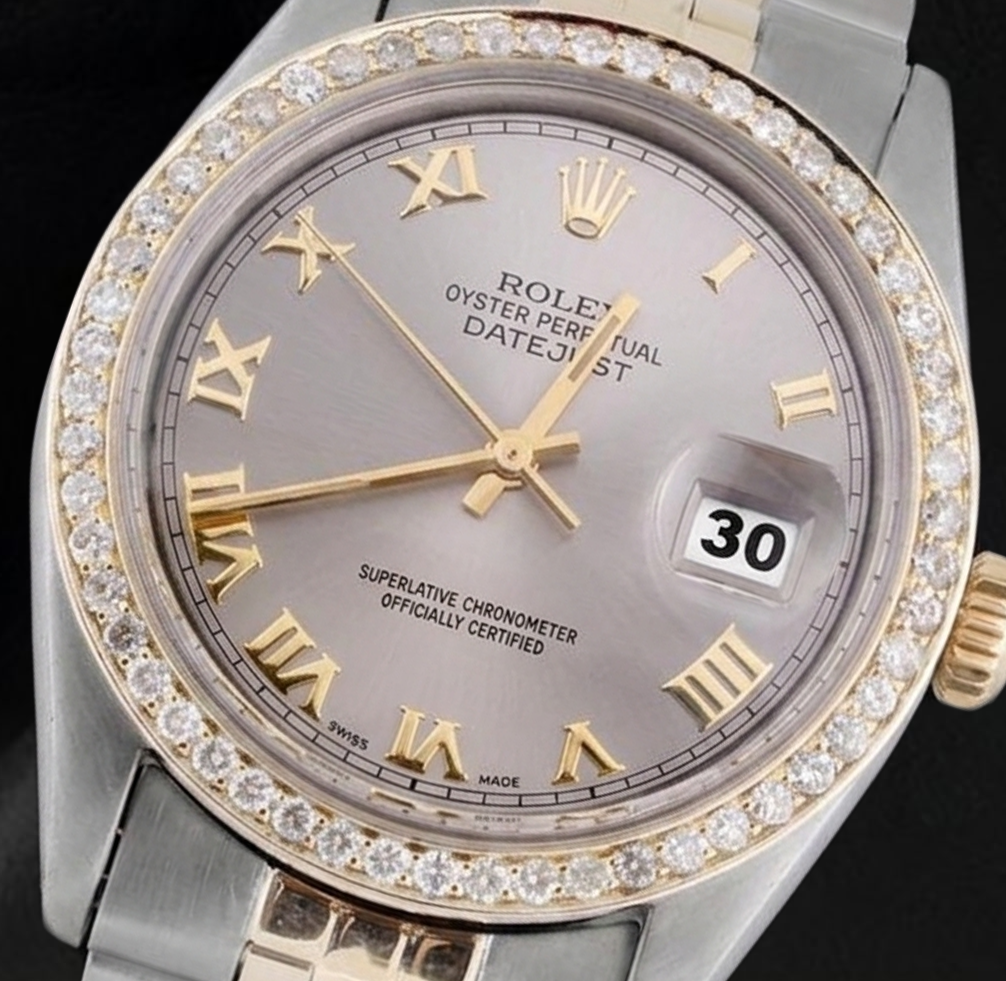 Orologio da uomo Datejust con quadrante grigio romano e lunetta con diamanti, bicolore Rolex IMPOSTAZIONE RAPIDA