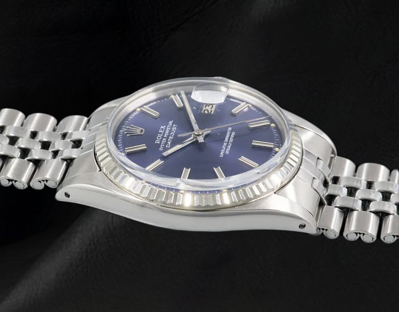 Orologio da uomo Rolex Datejust giubileo in acciaio inossidabile con quadrante blu a bastoncino e lunetta scanalata IMPOSTAZIONE RAPIDA