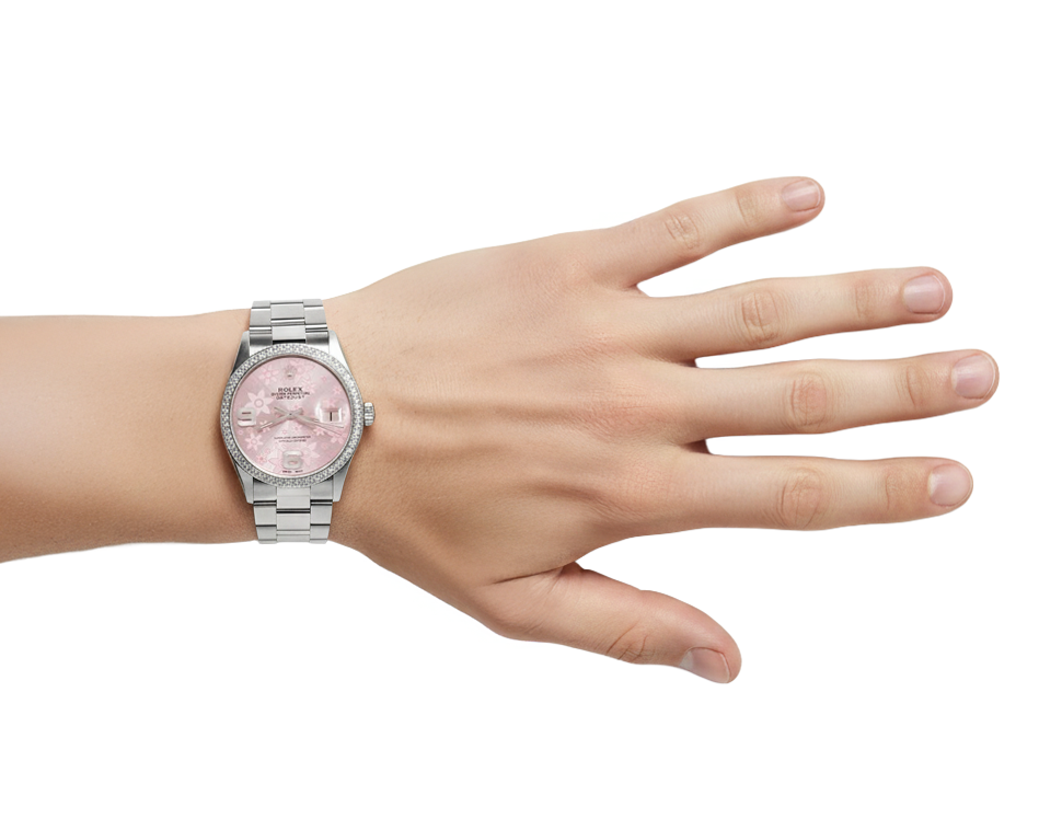 Orologio da uomo Rolex Datejust in acciaio inossidabile con quadrante rosa e lunetta con diamanti - IMPOSTAZIONE RAPIDA