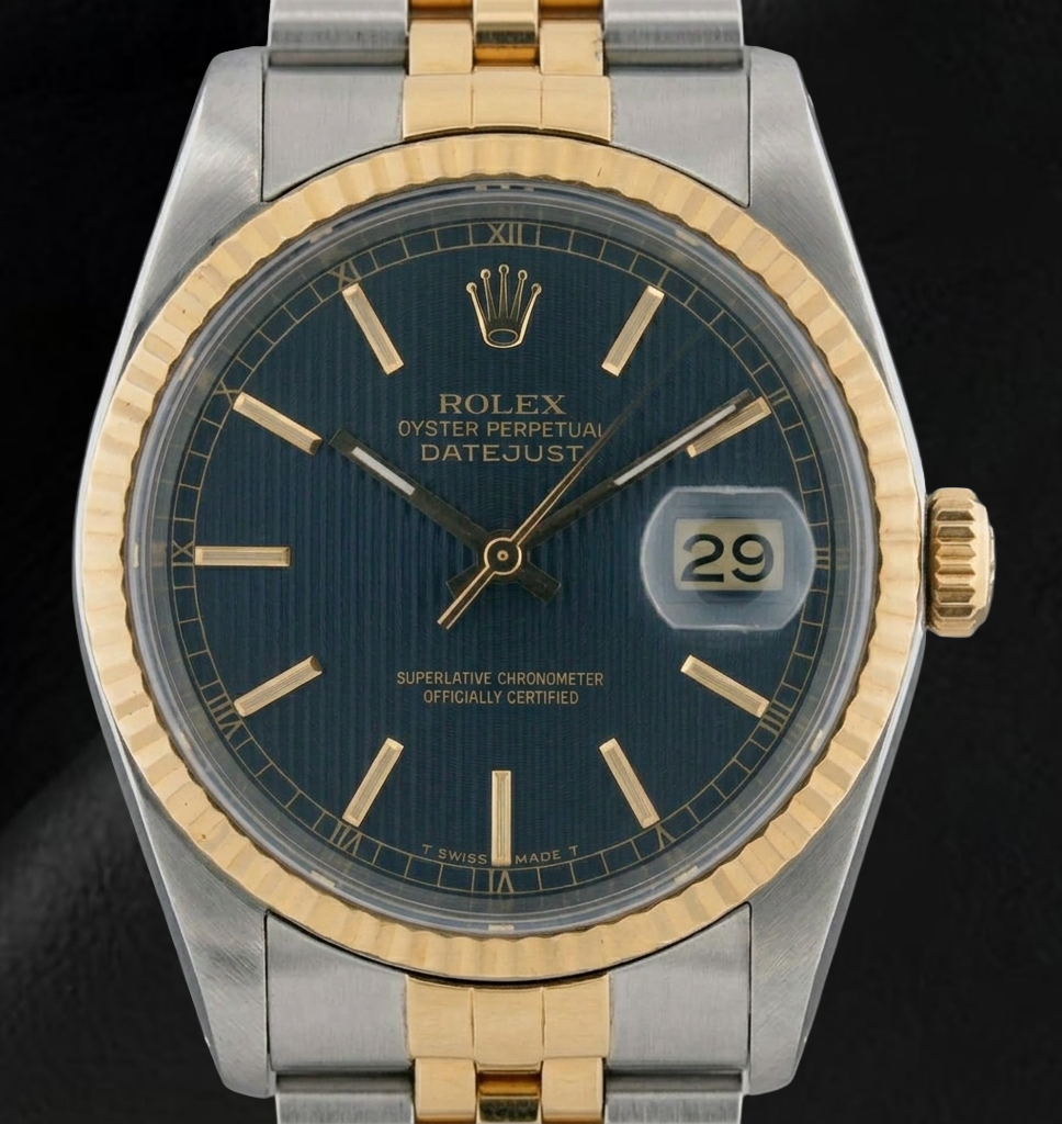 Orologio da uomo Rolex in acciaio inossidabile e oro con quadrante blu, impostazione rapida