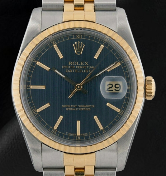 Orologio da uomo Rolex in acciaio inossidabile e oro con quadrante blu, impostazione rapida