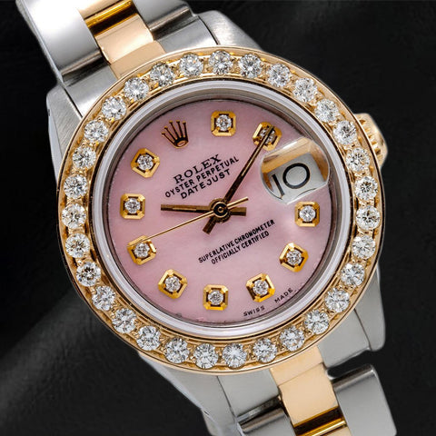 Orologio Rolex Datejust 26 mm con quadrante in madreperla rosa e diamanti, bracciale Oyster bicolore