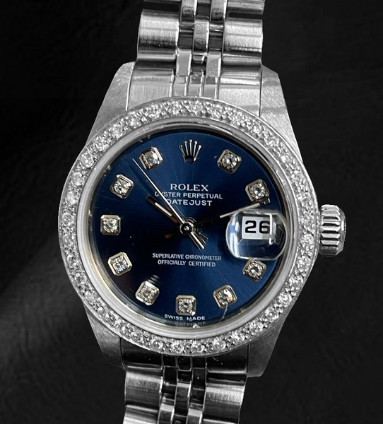 Orologio Rolex Datejust 26 mm quadrante blu scuro con diamanti in acciaio inossidabile e bracciale Jubilee