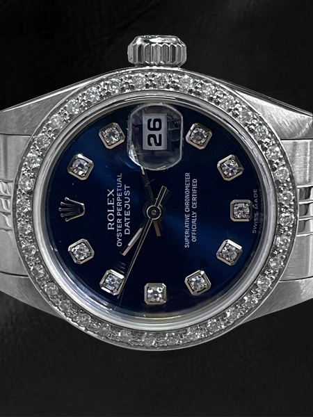 Orologio Rolex Datejust 26 mm quadrante blu scuro con diamanti in acciaio inossidabile e bracciale Jubilee