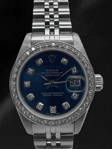 Orologio Rolex Datejust 26 mm quadrante blu scuro con diamanti in acciaio inossidabile e bracciale Jubilee