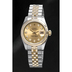 Orologio Rolex Datejust champagne con quadrante in diamanti e chiusura nascosta a scatto rapido da 26 mm bicolore