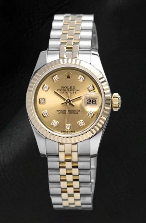 Orologio Rolex Datejust champagne con quadrante in diamanti e chiusura nascosta a scatto rapido da 26 mm bicolore