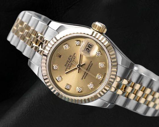 Orologio Rolex Datejust champagne con quadrante in diamanti e chiusura nascosta a scatto rapido da 26 mm bicolore