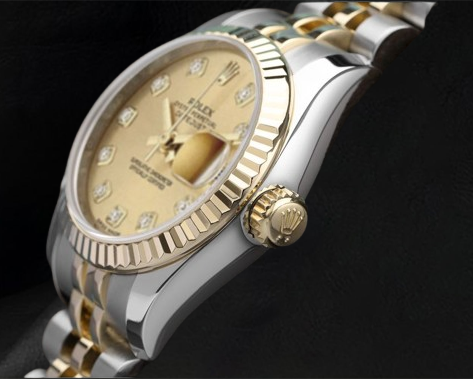 Orologio Rolex Datejust champagne con quadrante in diamanti e chiusura nascosta a scatto rapido da 26 mm bicolore