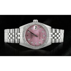 Orologio Rolex Datejust in acciaio inossidabile di medie dimensioni con bracciale Jubilee e quadrante con diamanti rosa e lunetta