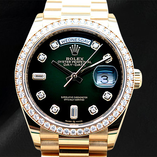 Orologio Rolex Day-Date 128348RBR quadrante verde sfumato con diamanti 36mm oro giallo
