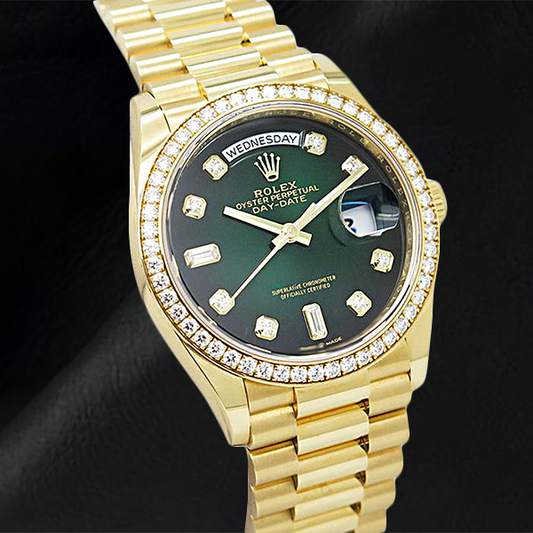 Orologio Rolex Day-Date 128348RBR quadrante verde sfumato con diamanti 36mm oro giallo