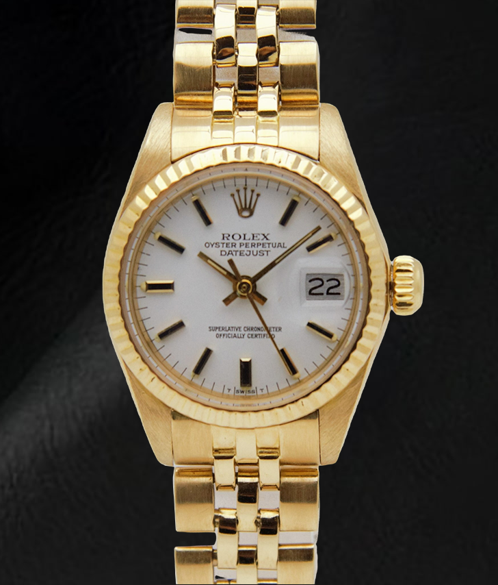 Orologio Rolex Lady-Datejust quadrante bianco stile President bracciale oro giallo