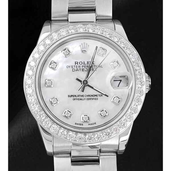 Orologio Rolex Lady Datejust 31 mm in acciaio inossidabile con quadrante in madreperla bianca e diamanti