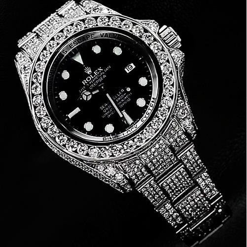 Orologio Rolex da uomo 30 ct. Quadrante nero ricoperto di diamanti personalizzato ghiacciato