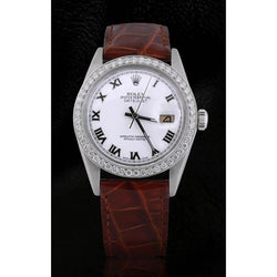 Orologio Datejust Rolex con quadrante romano e lunetta con diamanti, cinturino in pelle marrone, acciaio inossidabile, IMPOSTAZIONE RAPIDA