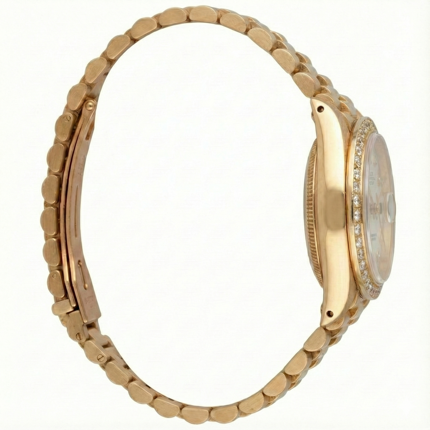 Orologio Datejust Rolex in stile presidenziale in oro con quadrante bianco romano e lunetta con diamanti