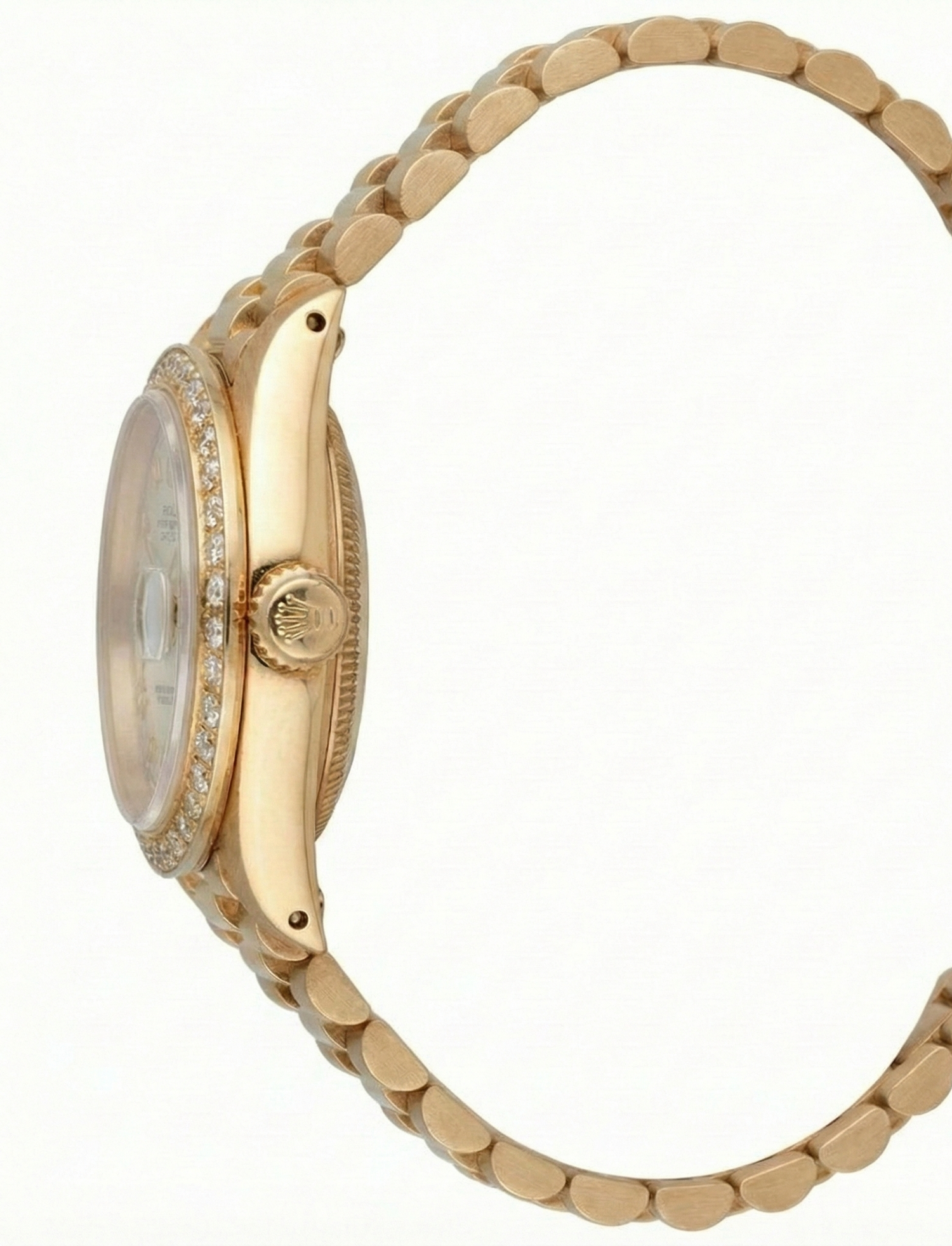 Orologio Datejust Rolex in stile presidenziale in oro con quadrante bianco romano e lunetta con diamanti