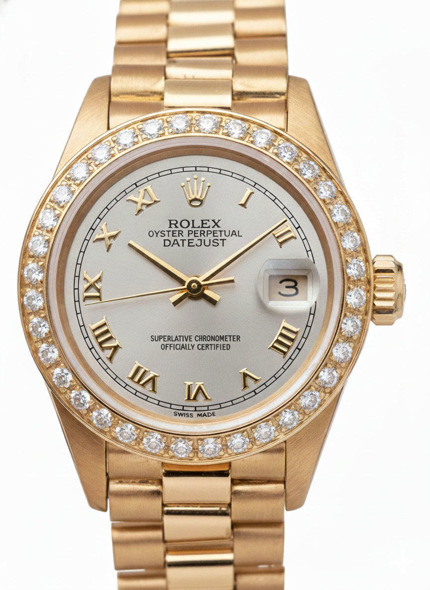 Orologio Datejust Rolex in stile presidenziale in oro con quadrante bianco romano e lunetta con diamanti