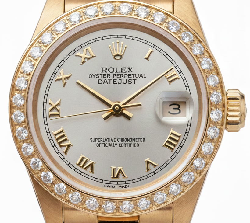Orologio Datejust Rolex in stile presidenziale in oro con quadrante bianco romano e lunetta con diamanti