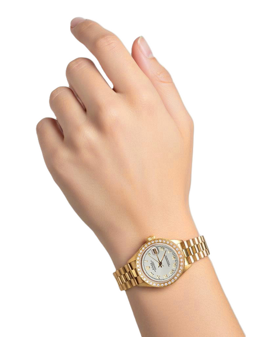 Orologio Datejust Rolex in stile presidenziale in oro con quadrante bianco romano e lunetta con diamanti P2