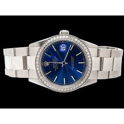 Orologio Datejust in acciaio inossidabile Lunetta con diamanti Rolex quadrante blu a bastone impostazione rapida
